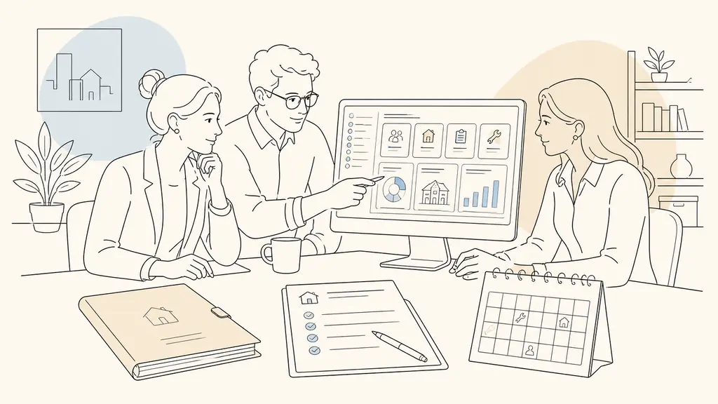 Property management team reviewing tenant and property records on a shared dashboard, with a lease folder, inspection report and maintenance calendar on the desk