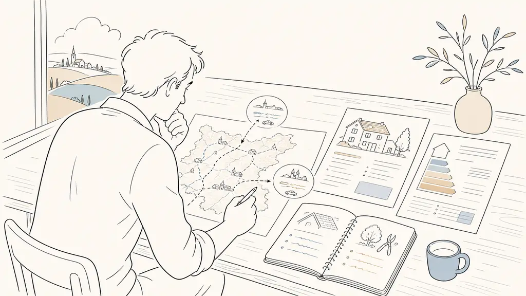 editorial photograph of a homebuyer on a wooden table checking a printed village map of Gers with travel times handwritten to Auch and Lectoure, beside a house listing sheet, a DPE document, and a notebook with questions about roof repairs and garden maintenance, no text no logo