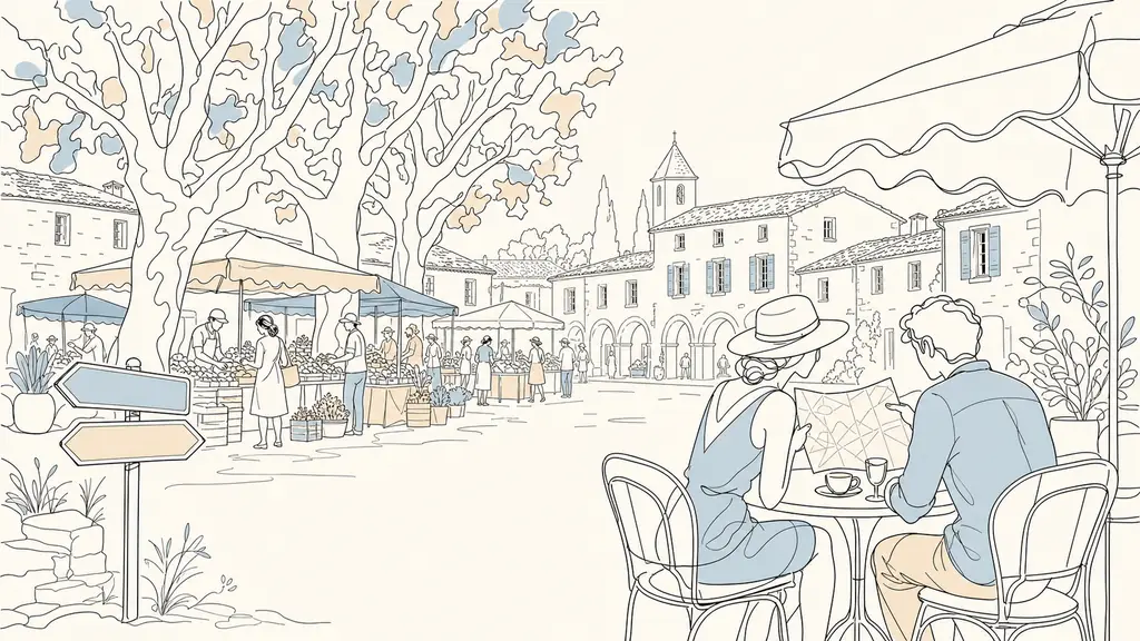 Editorial photo of a stone village square in the Gers, weekly market stalls under plane trees, a couple studying a paper map on a café terrace, with a road sign pointing toward Auch and Lectoure, no text, no logo