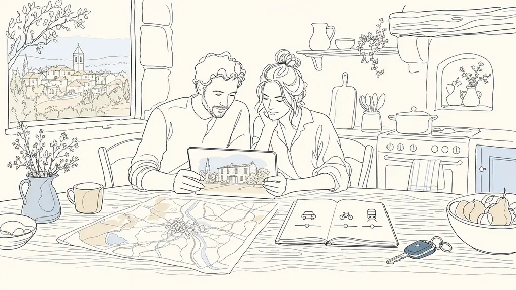 Editorial photograph of a couple reviewing a house listing at a wooden kitchen table in the Gers, with a village map, car keys, and a notebook showing commute times, soft daylight, authentic rural home interior, no text, no logo