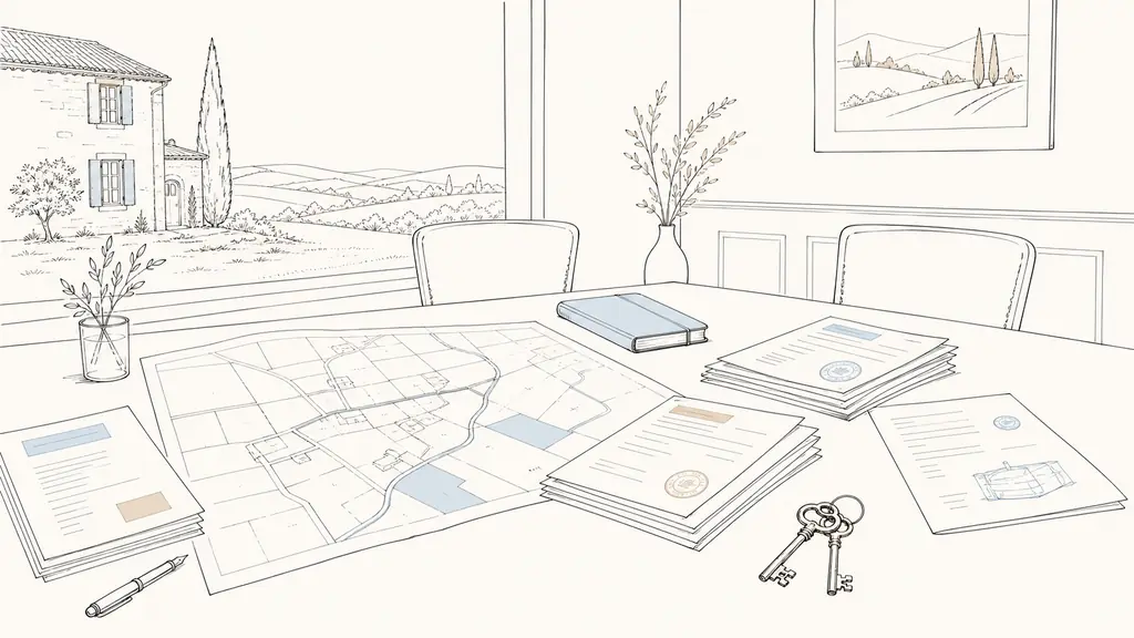 editorial photo of a notary meeting table in rural Gascony, with a cadastral plan spread out, a property tax notice, stamped renovation invoices, and a septic inspection report beside an old house key, natural light, no text, no logo