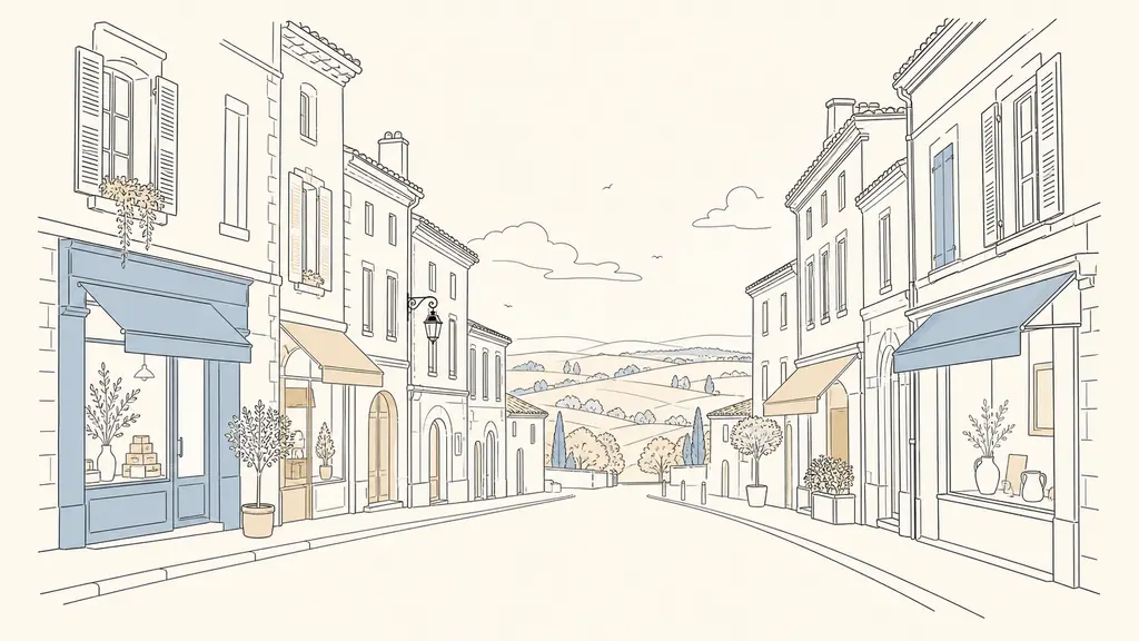 Editorial photograph of a quiet street in central Fleurance with old house facades, occupied ground-floor shops and the street opening toward the Lomagne landscape, natural evening light, no text, no logo