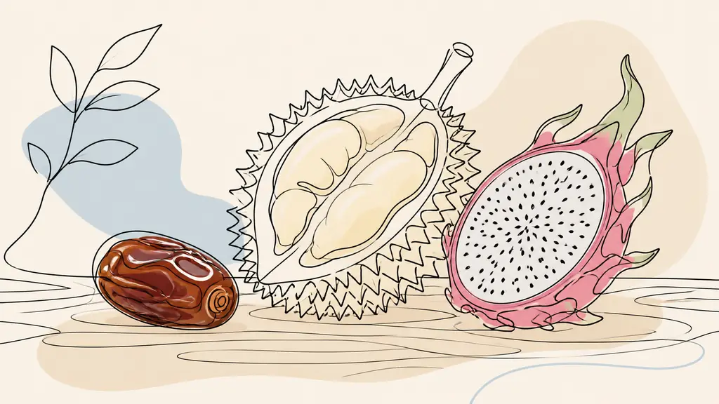 Editorial close-up of an amber Medjool date, an opened spiky durian with creamy flesh, and a halved pink dragon fruit with black-speckled white flesh on a natural wooden table