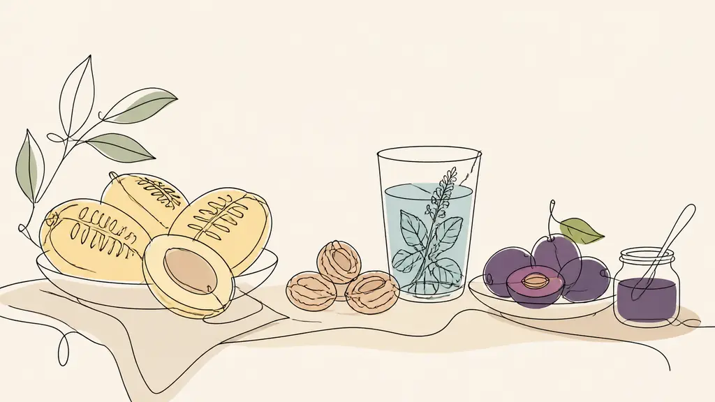 Editorial still life of grilled safou fruits, dried doum beside a glass of cold infusion, and small purple damson plums prepared for jam on a rustic kitchen table