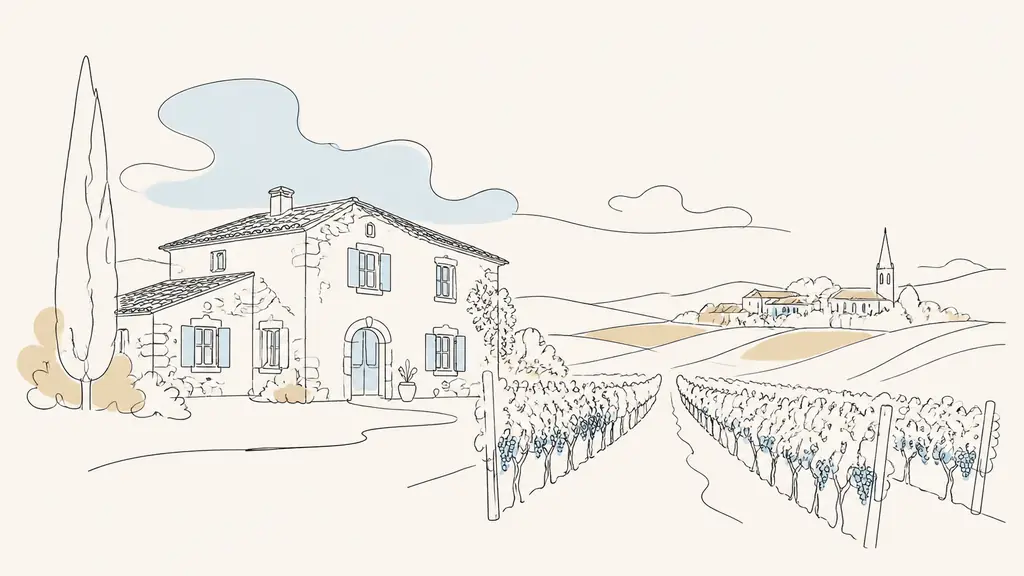 Editorial photograph of a traditional stone Gers farmhouse beside vineyard rows, with a village house and church tower visible in the distance, warm natural light, no text or logo