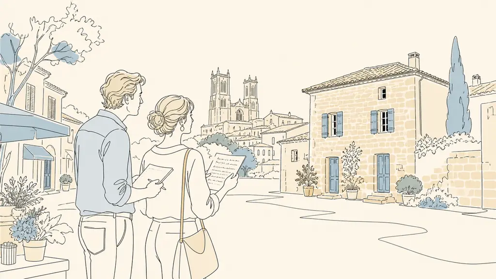 Editorial photograph of a couple comparing property notes in a Gers village square, with an old stone house, local shops and the Auch Cathedral visible nearby, natural daylight, no text or logo