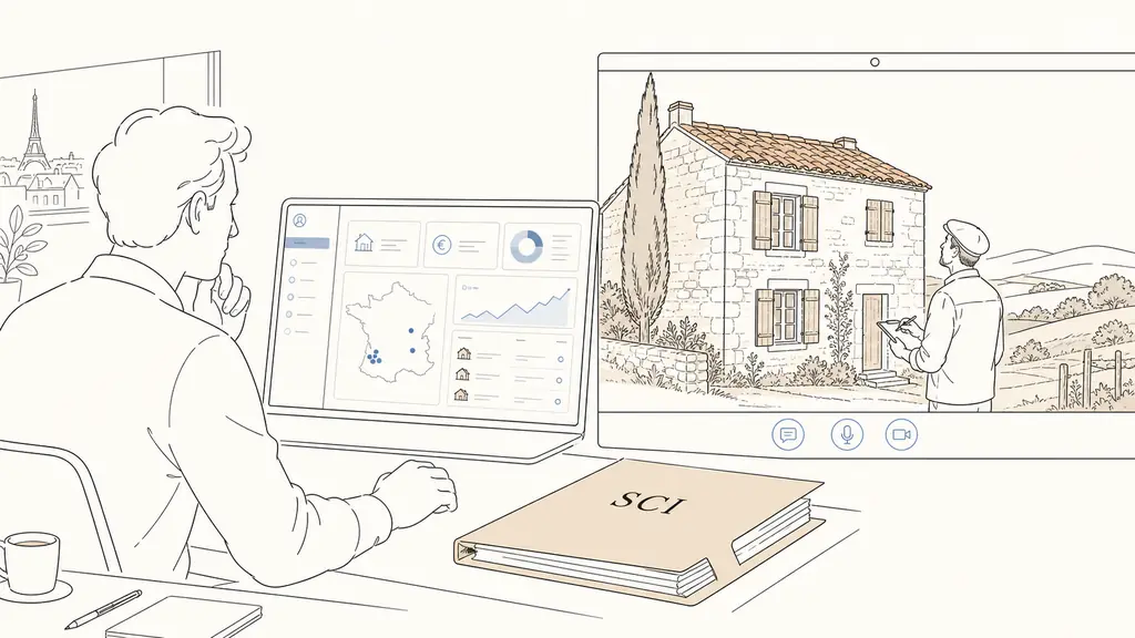 expatriate landlord on a video call reviewing a multi-property rental dashboard beside an SCI document folder, while a local artisan inspects a countryside house in Gascony