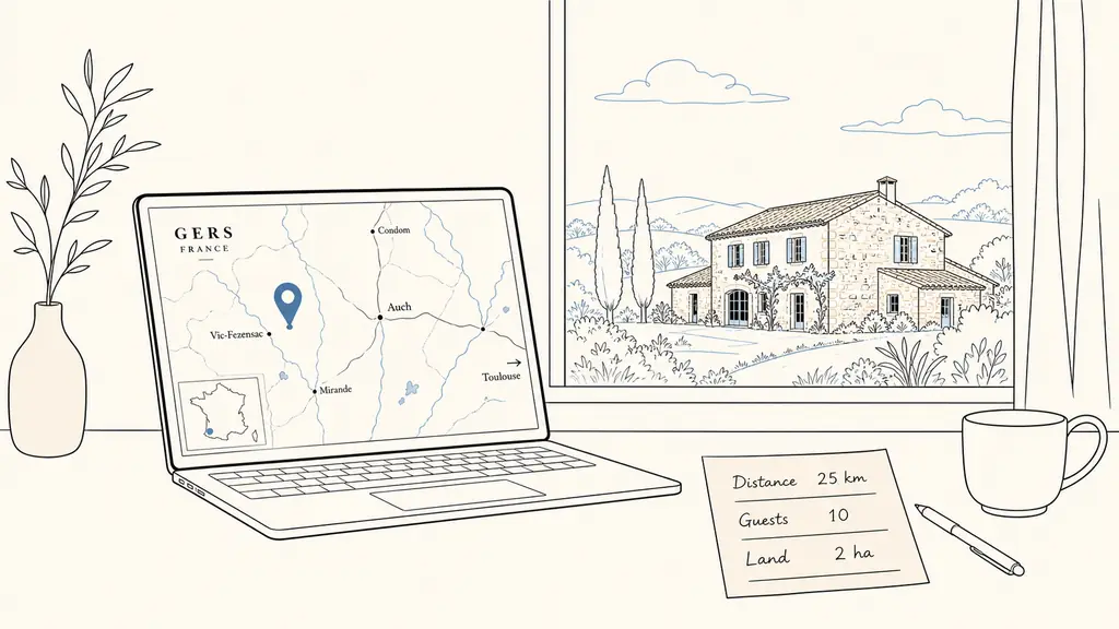 Editorial photograph of a laptop displaying a geolocated property map beside handwritten notes listing distance, guest capacity and land size, with a stone Gers gîte visible through the window