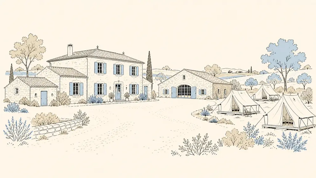 Editorial photograph of a Gers stone property showing a separate guest cottage, renovated barn accommodation and safari tents arranged beside a gravel parking area
