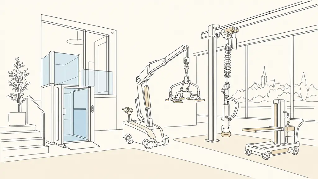 Editorial photograph inside an industrial equipment showroom in Val-d'Oise, featuring a compact Aritco platform lift beside TAWI lifting and material-handling equipment, no visible text or logos