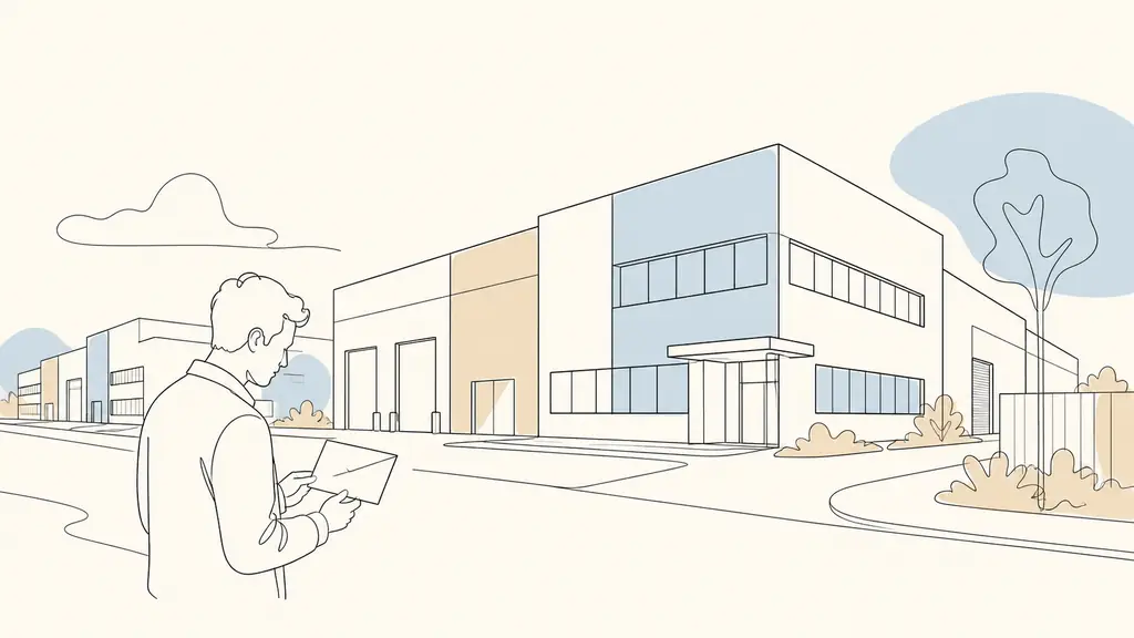 Editorial photograph of an industrial business building at 6 bis rue Jacques Kellner in Taverny, showing building 4 and a person checking a postal envelope, no visible text or logos