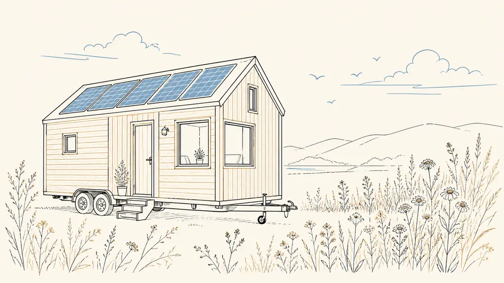 Editorial photograph of a timber tiny house on wheels without concrete foundations, fitted with rooftop solar panels beside a natural meadow
