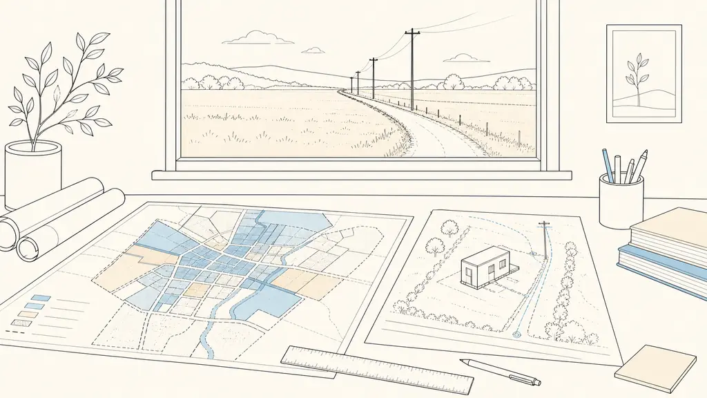 Editorial photograph of a municipal zoning map spread on a desk beside a tiny house site plan, with a rural parcel and utility access road visible through the window