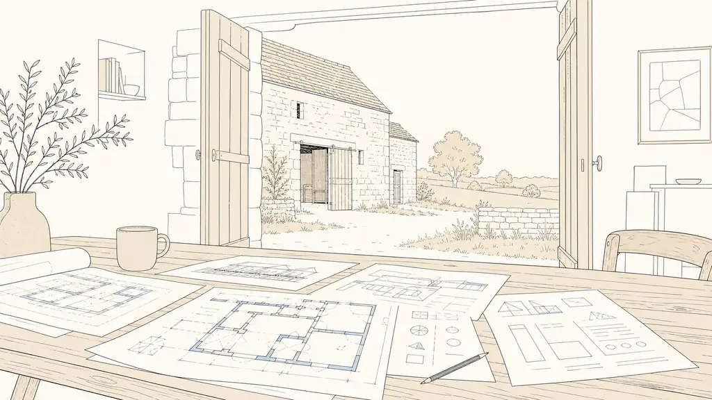 Editorial photograph of cadastral plans and renovation estimates spread on a farmhouse table, with a stone grange and adjoining meadow visible through the open doorway, no text or logo