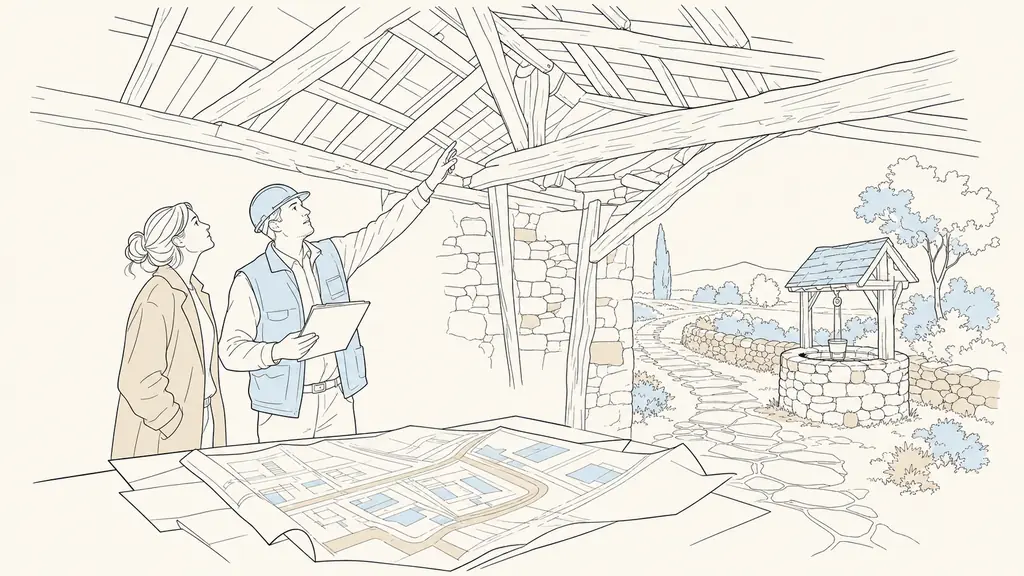 Editorial photograph of a buyer and building surveyor inspecting an old timber roof beside cadastral plans, with a shared stone access path and a well visible outside, no text or logo