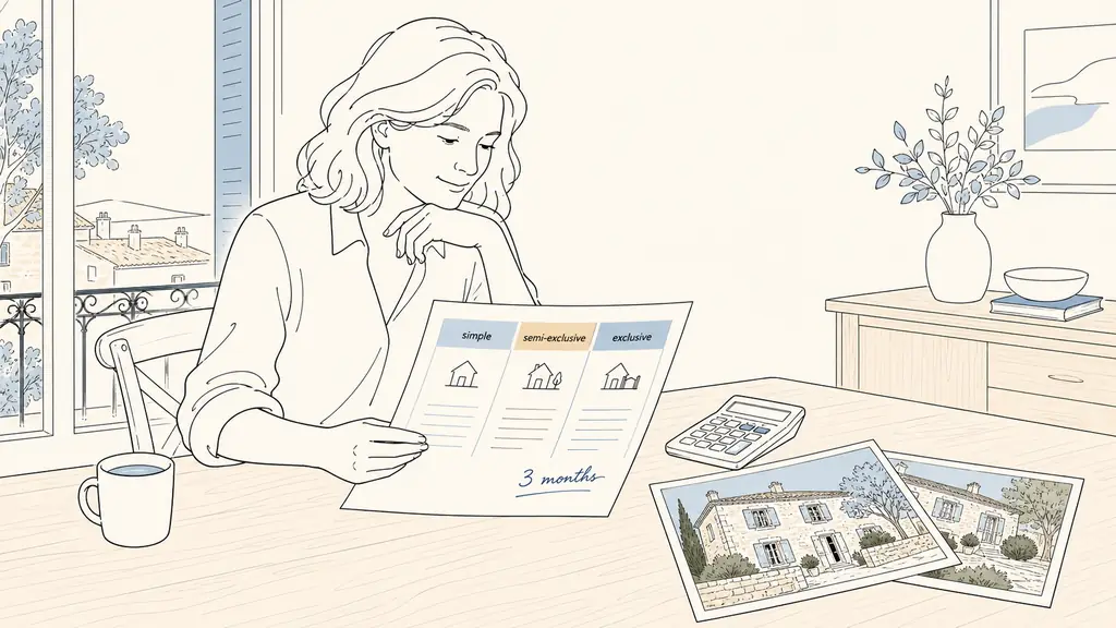 editorial photo of a French property seller reviewing a printed sales mandate at a wooden table, with three highlighted columns labeled simple semi-exclusive exclusive, a handwritten note '3 months', and a calculator beside stone house photos, natural light, no text or logo