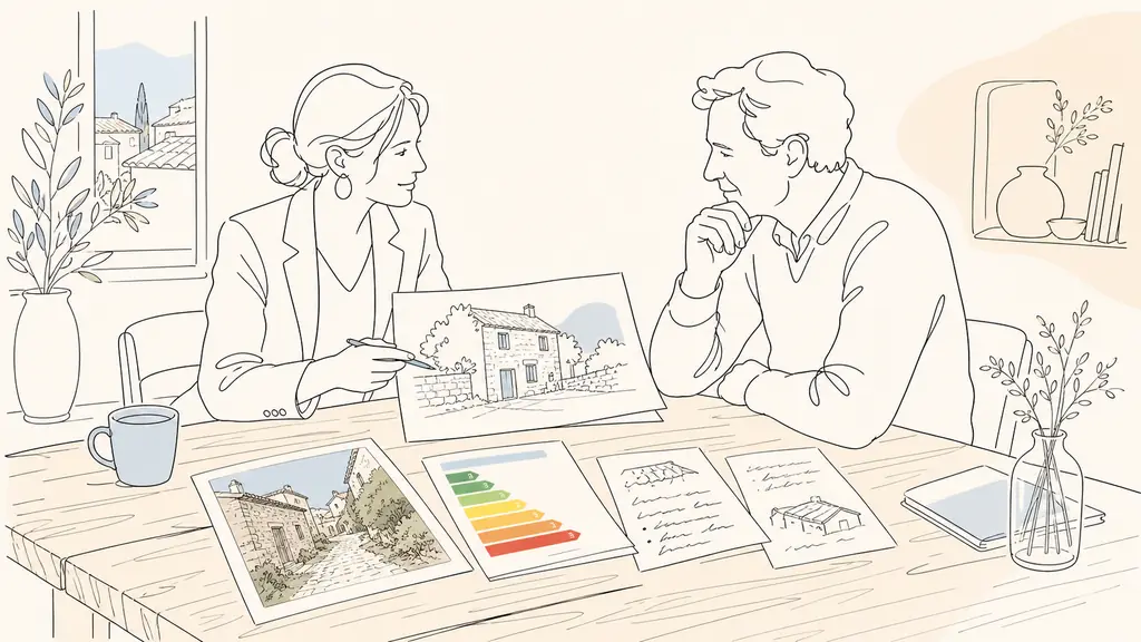 editorial photo of a French real estate agent and property seller reviewing a printed listing draft at a rustic wooden table, with a stone village house photo, a separate DPE energy label sheet, and handwritten notes about roof condition and outbuildings, natural light, no text or logo
