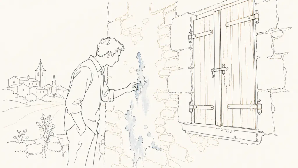 Prospective buyer inspecting moisture marks on a stone wall beside weathered wooden shutters in a Gers village house