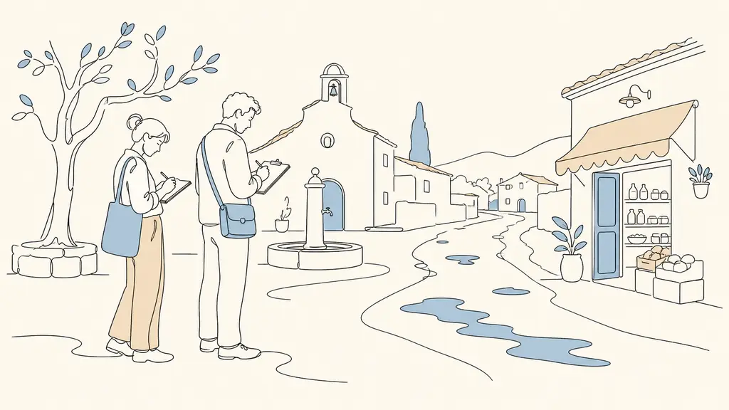 Couple recording observations on a village square at midday, with an open local shop and a rain-darkened access road visible nearby