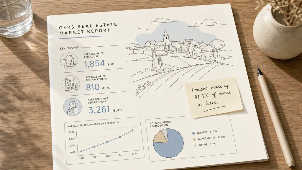 Editorial photo of a printed real estate market report on a wooden table, with the figures 1,854 euro, 810 euro and 3,261 euro highlighted beside a handwritten note about houses making up 81.3 percent of homes in Gers, natural daylight, no text overlay, no logo