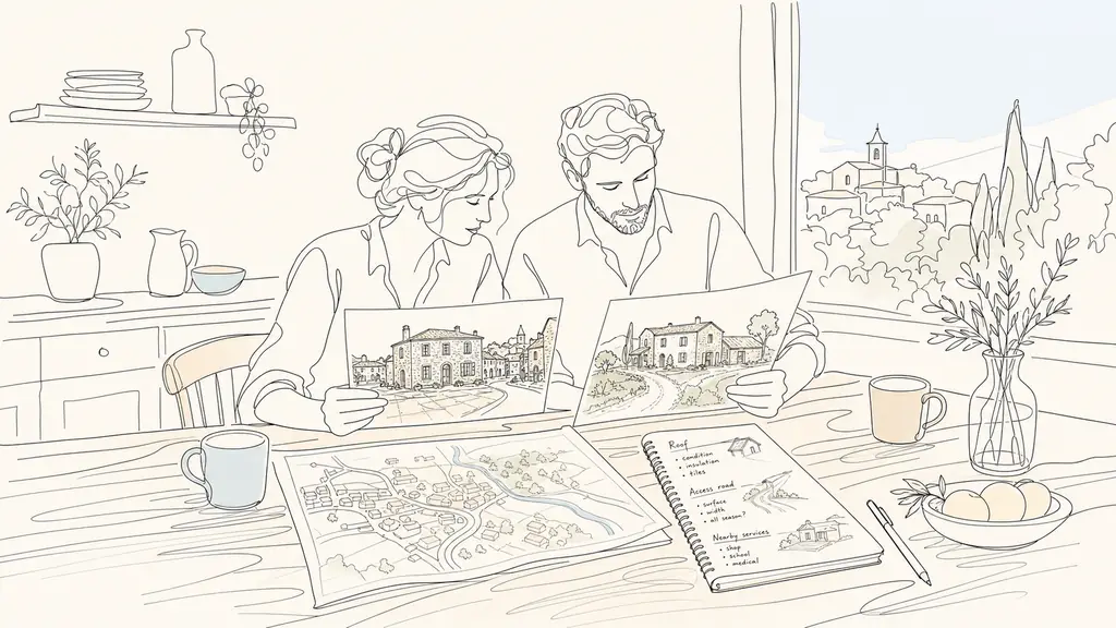 Editorial photo of a couple reviewing two property sheets at a wooden kitchen table, one showing a stone house on a bastide square and the other a rural farmhouse with outbuildings, beside a village map and a handwritten checklist mentioning roof, access road, and nearby services, natural daylight, no text overlay, no logo
