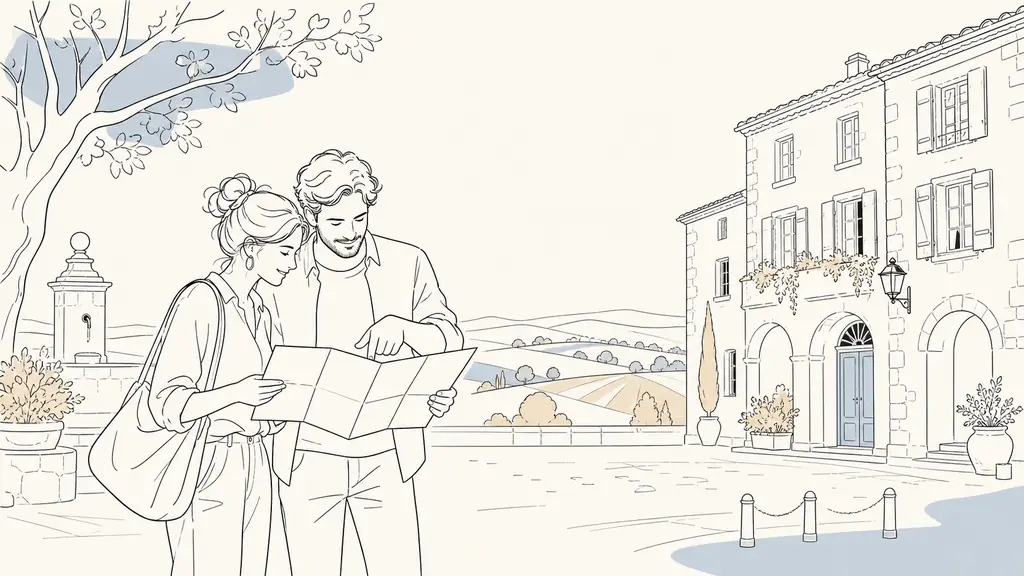 A couple comparing a paper map beside a village square in Lectoure, with a traditional townhouse and rolling Lomagne countryside in the background, natural editorial photography, no visible text or logos