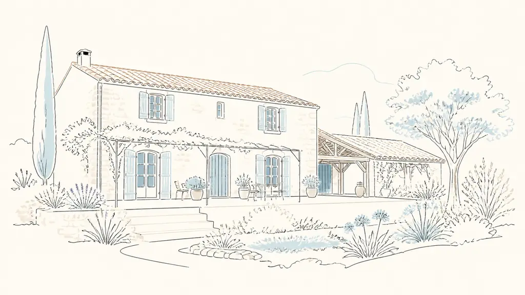 An editorial photograph of a traditional Gascon farmhouse with stone walls, open wooden outbuildings and a shaded terrace overlooking a generous garden, no text or logos