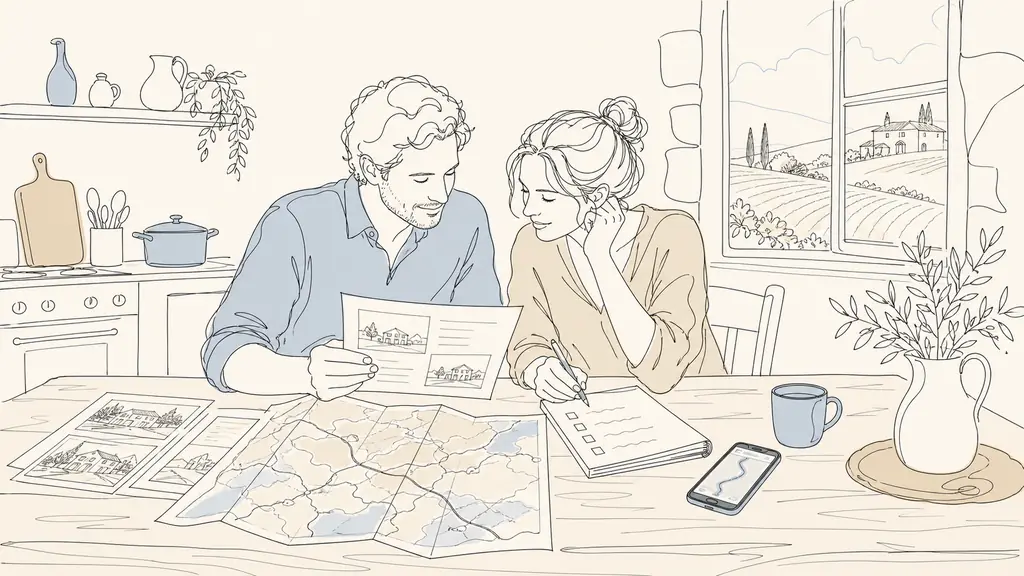 Editorial photo of a couple at a wooden kitchen table in rural Gascony, reviewing printed property listings with a handwritten checklist, a folded road map of the Gers, and a smartphone showing route times, natural morning light, no text or logo