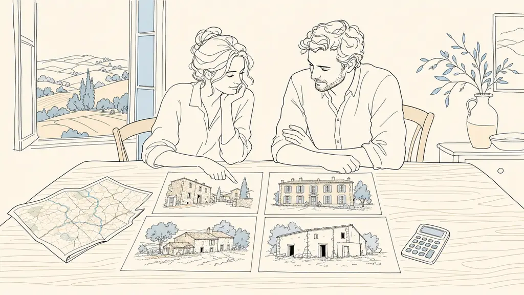 Editorial photo of a couple comparing four printed property sheets on a wooden table in Gascony, showing a stone village house, a manor house with tall shutters, a rural farmhouse with outbuildings, and a stripped renovation project, beside a folded Gers road map and a pocket calculator, natural daylight, no text or logo