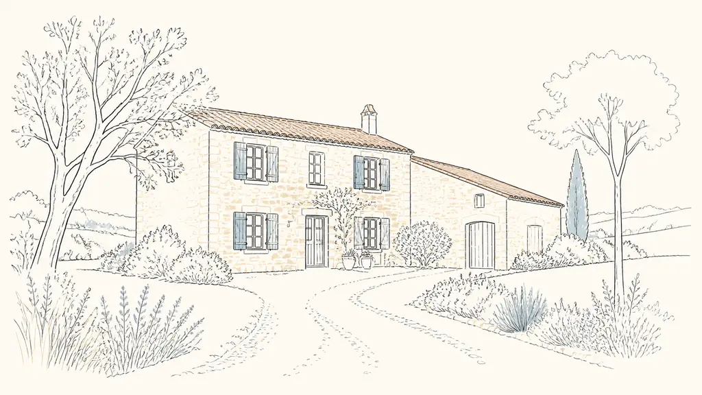 Editorial photograph of a Gers stone farmhouse with original wooden shutters, an adjoining rural outbuilding and a broad garden viewed from the gravel access path, no text or logo
