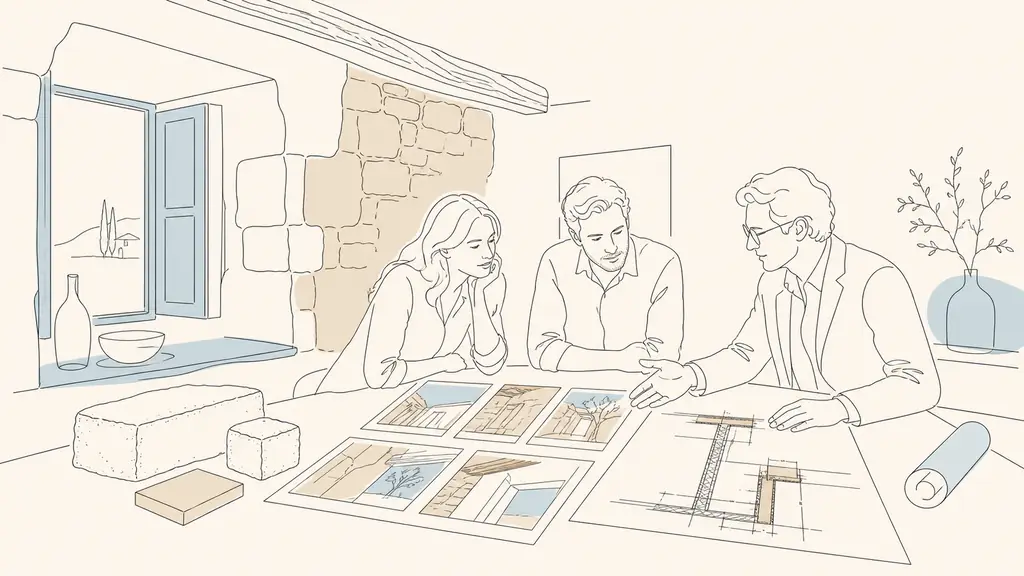 Editorial photograph of homeowners and an architect reviewing renovation case study photographs beside limestone wall samples and a technical construction detail, inside an old Gascon house, no text, no logo