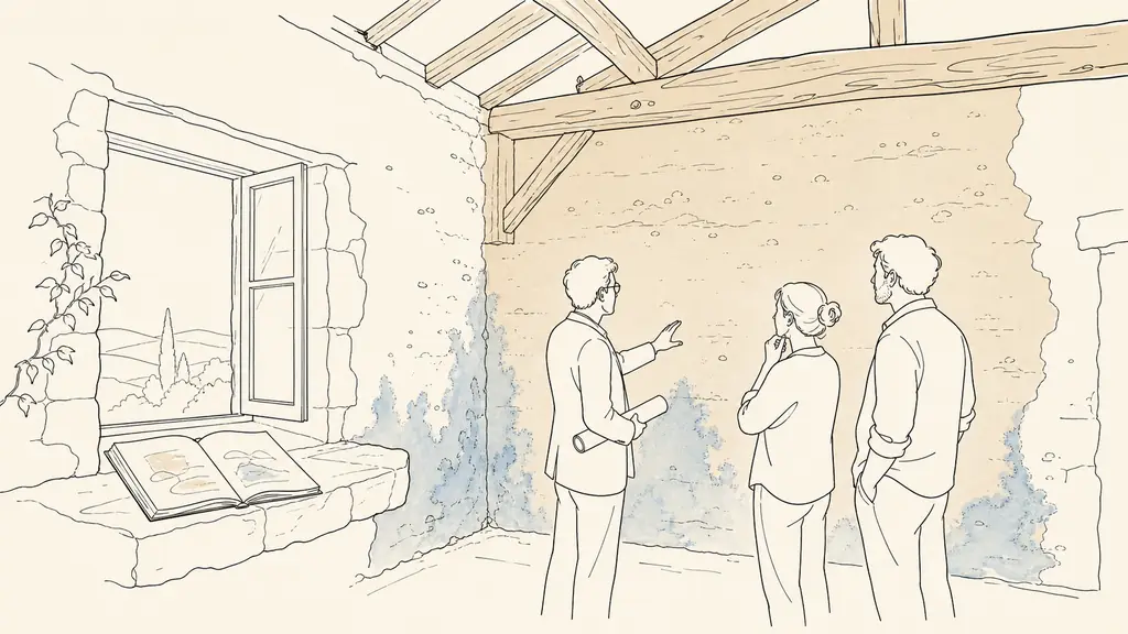 Editorial photograph of an architect and homeowners examining a damp earth wall and timber roof frame inside an old Gascon house, with an inspiration notebook open on a stone windowsill, no text, no logo