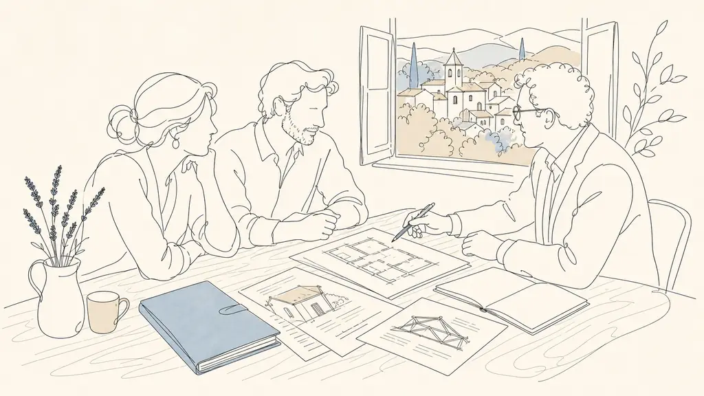 editorial photo of a French property purchase meeting in rural Gascony, printed planning certificate on a wooden table, a notaire folder, renovation quotes with roof sketches, and a village house plan, natural light, no text, no logo