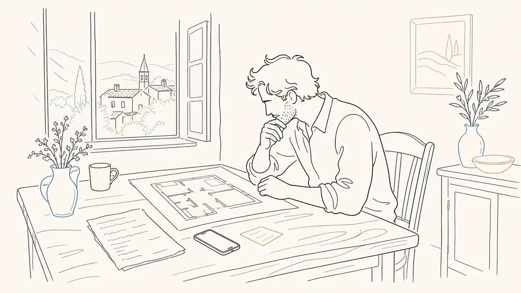 editorial photo of a rural Gascony homebuyer at a wooden table with a village house floor plan, a handwritten roofing estimate, and a smartphone next to a mairie contact note, natural window light, no text, no logo