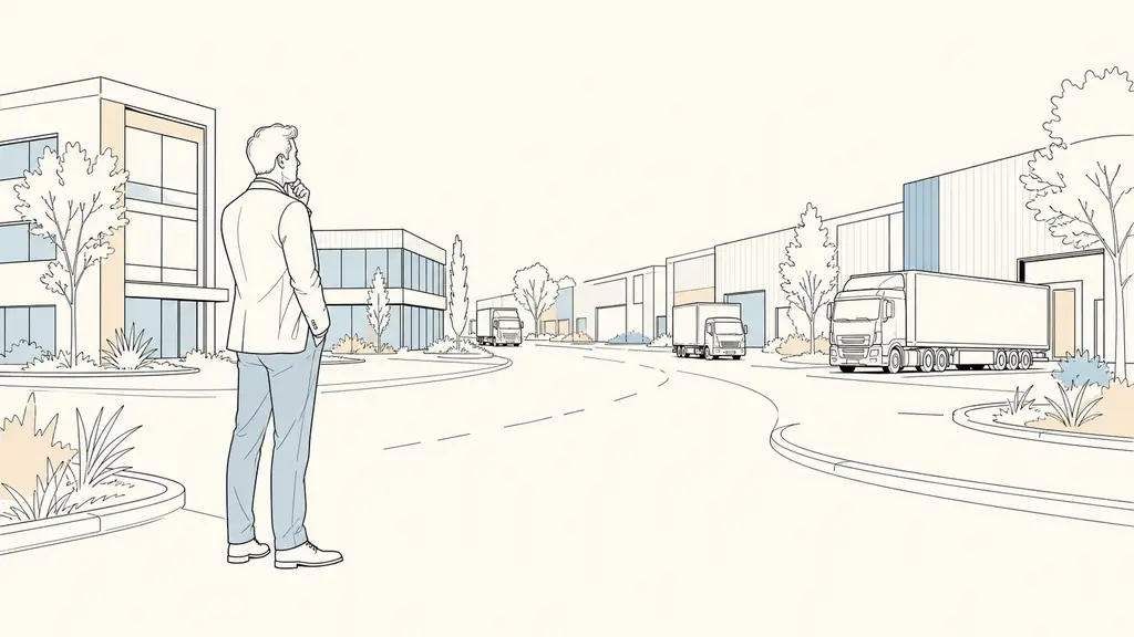 Editorial photograph of a business owner inspecting a warehouse access road near Erdre Active, with delivery trucks and mixed office-and-activity buildings visible, no text, no logo