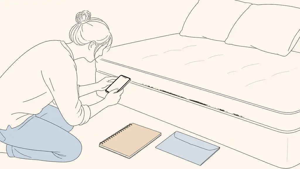 Tenant photographing dark traces along mattress seams beside a dated observation notebook and registered-letter receipt, natural editorial photography, no text, no logo