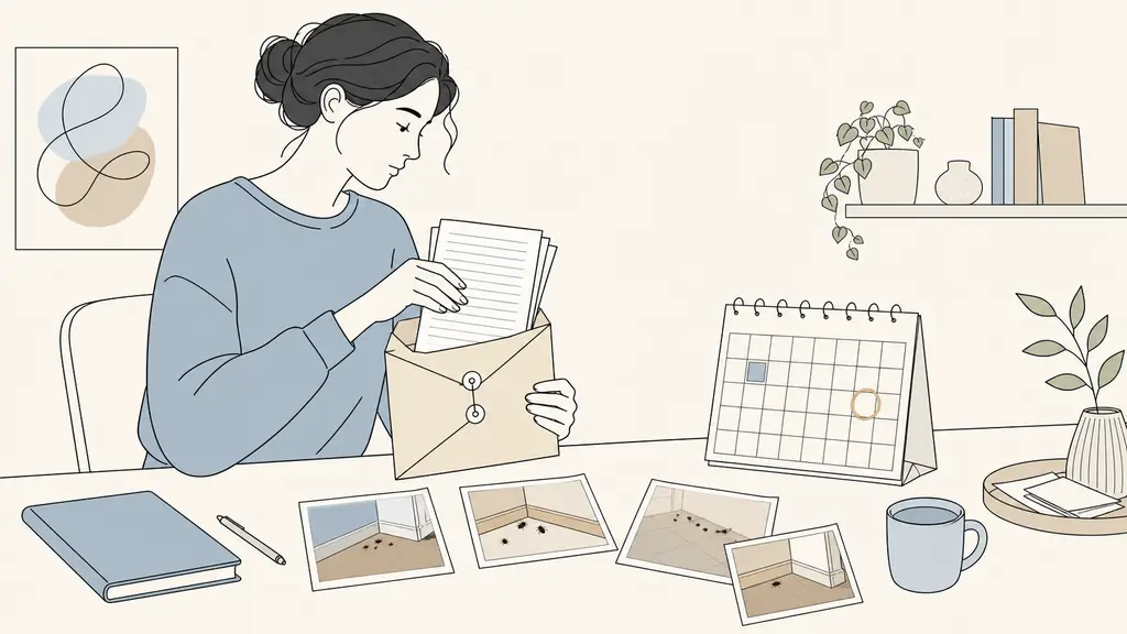 Tenant placing an infestation report with dated room photographs into a registered-letter envelope, a fifteen-day deadline marked on a desk calendar, natural editorial photography, no text, no logo