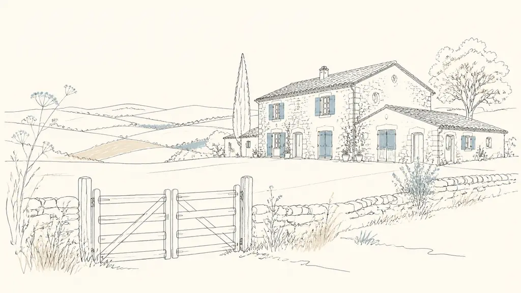 Editorial photograph of a renovated stone farmhouse near Masseube, surrounded by open pasture, with a wooden field gate and rolling Gascony countryside