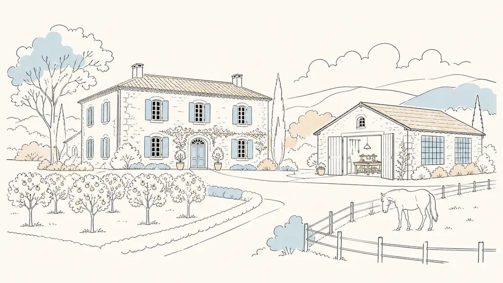 Editorial photograph of a Gascony stone house with a small orchard, a fenced horse pasture and an old barn converted into a workshop