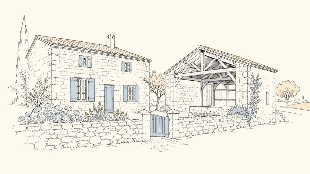 Editorial photograph of an old Gers stone village house beside a convertible barn, showing exposed roof timbers and a small enclosed garden, no text or logo