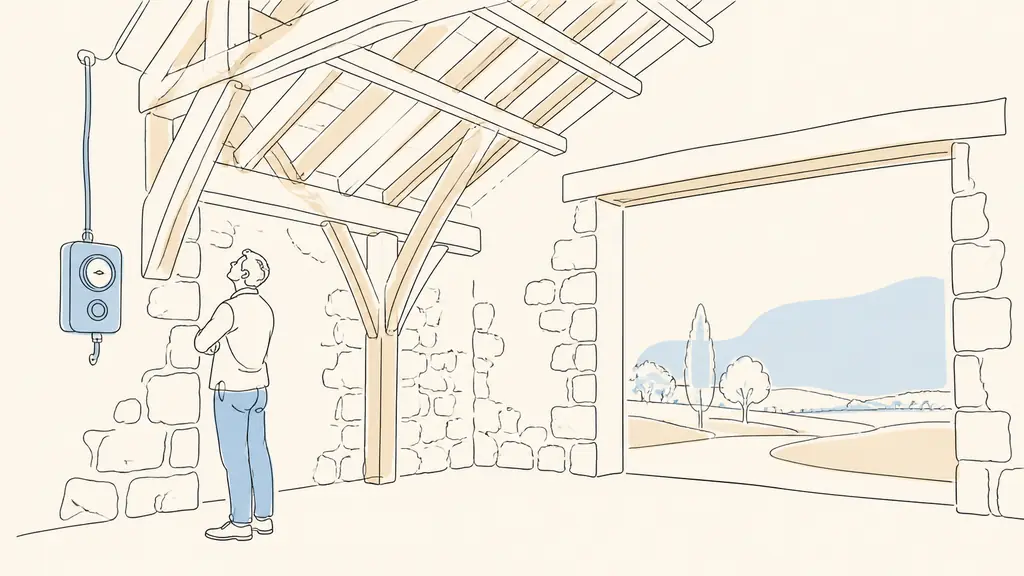Editorial photograph inside a Gers stone barn, with a visitor examining exposed roof timbers beside an old electrical meter and an unfinished garage opening, no text or logo