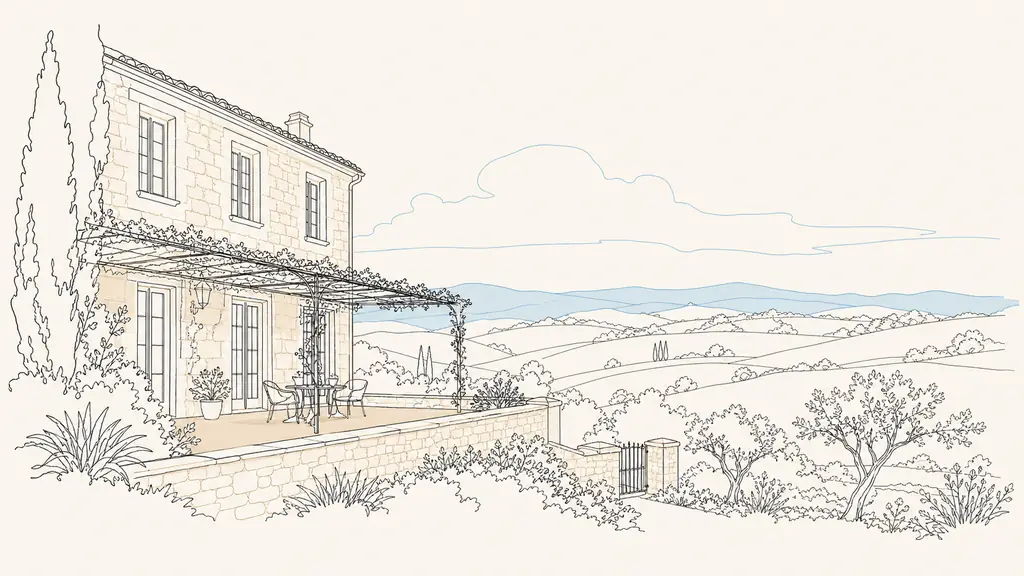 Editorial photograph of a stone townhouse in Lectoure with a shaded terrace and small walled garden, overlooking the rolling countryside of Gascony, no text or logo