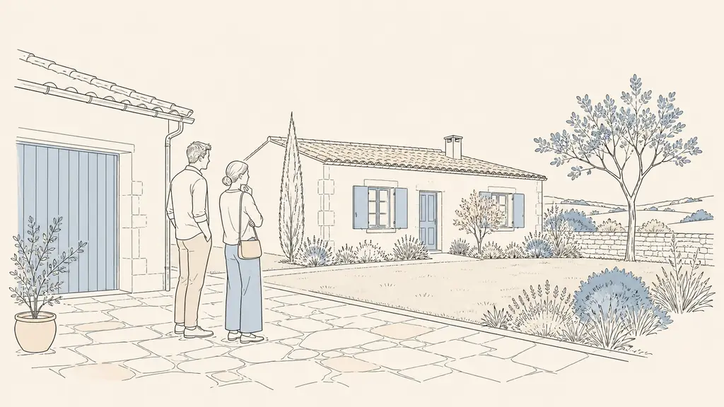 Editorial photograph of a couple inspecting a ground-floor Gascon house, checking the stone terrace beside a garage and a manageable garden, no text or logo
