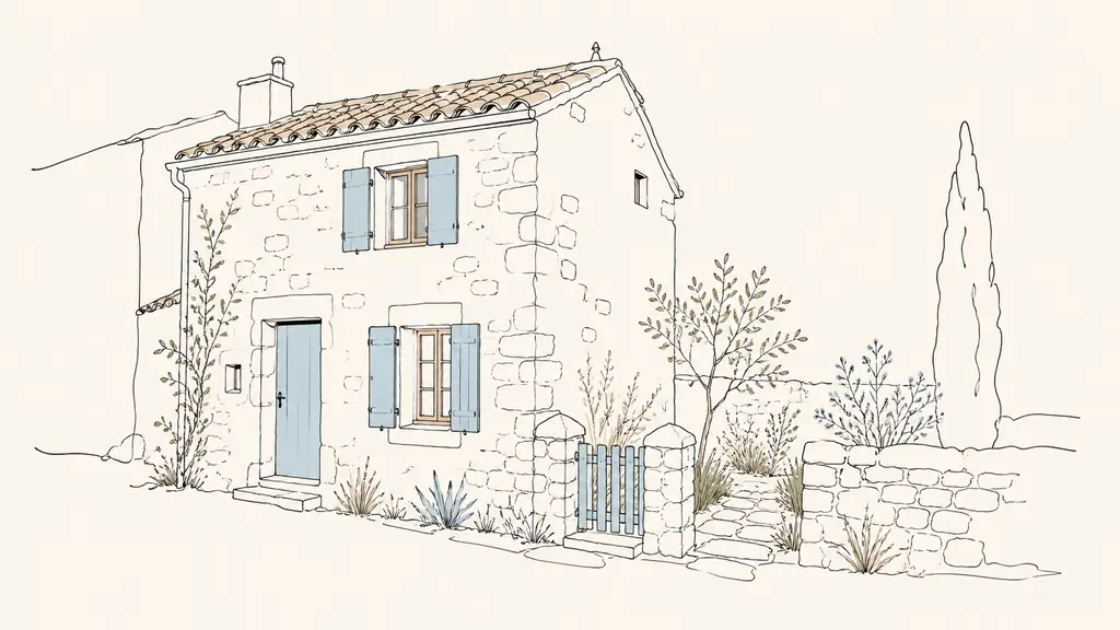Editorial photograph of a stone village house in Castelnau-d’Auzan with a small 317-square-metre garden, weathered roof tiles and wooden window frames, no text or logos