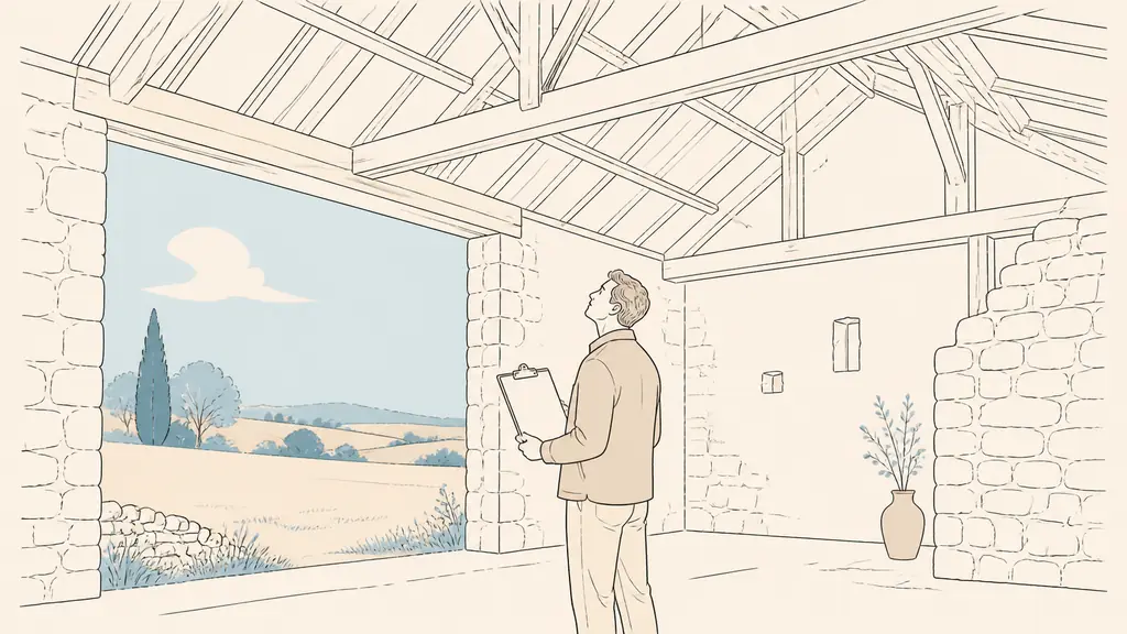 Editorial photograph of a buyer inspecting the timber roof frame of a stone barn in Dému, holding an operational planning certificate on a clipboard, with the grassy 1,074-square-metre plot visible outside, no text or logos
