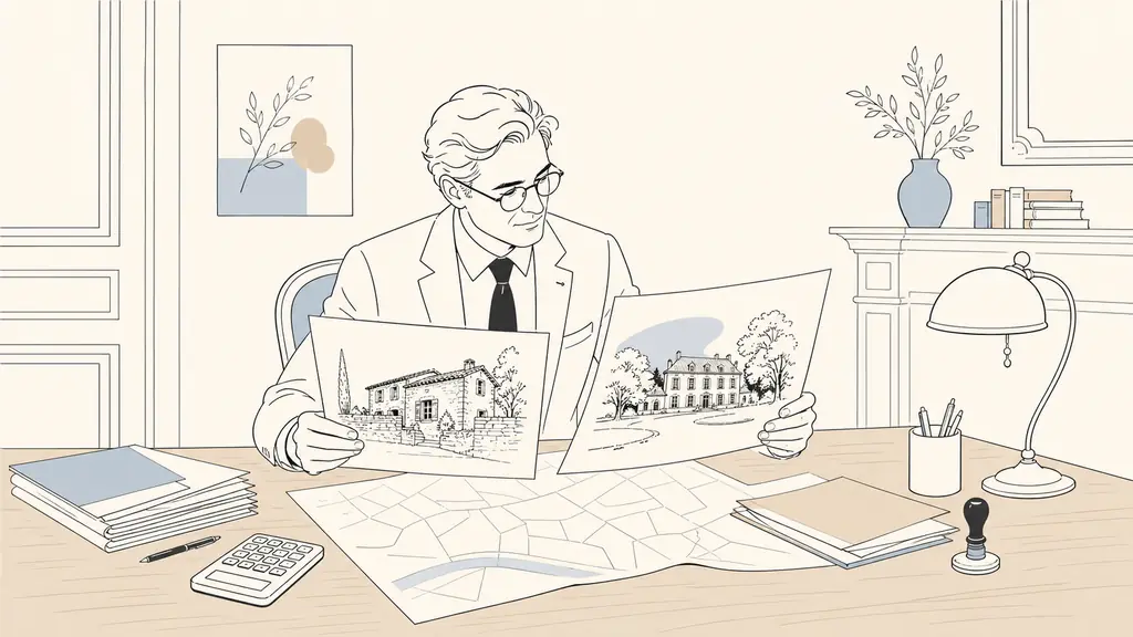 A French notary reviewing printed property listings for a stone house in L’Isle-de-Noé and a manor house with a wooded park in Saint-Jean-le-Comtal, calculator and cadastral plan on a wooden desk, natural editorial photography, no text, no logo