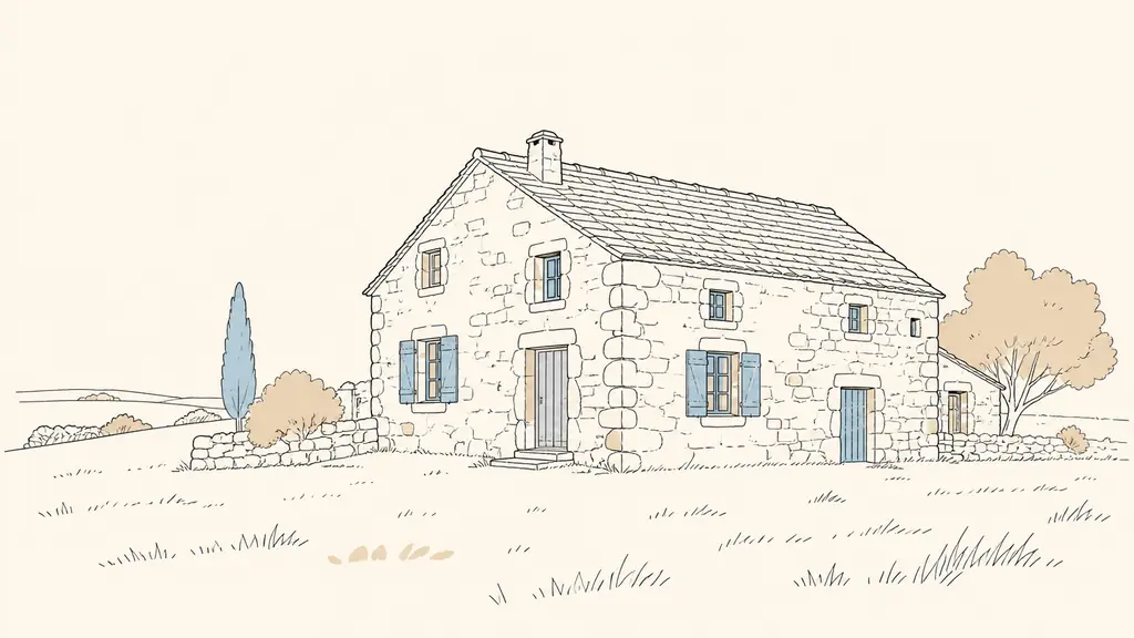 Editorial photograph of an old stone house in Ligardes with a weathered facade, a large grassy plot and a roof awaiting inspection, no text or logo