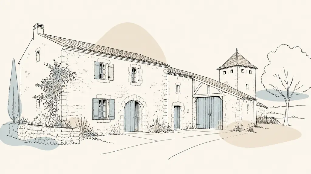 Editorial photograph of a Gers stone farmhouse with an attached barn, a small pigeonnier and weathered wooden doors, no text or logo