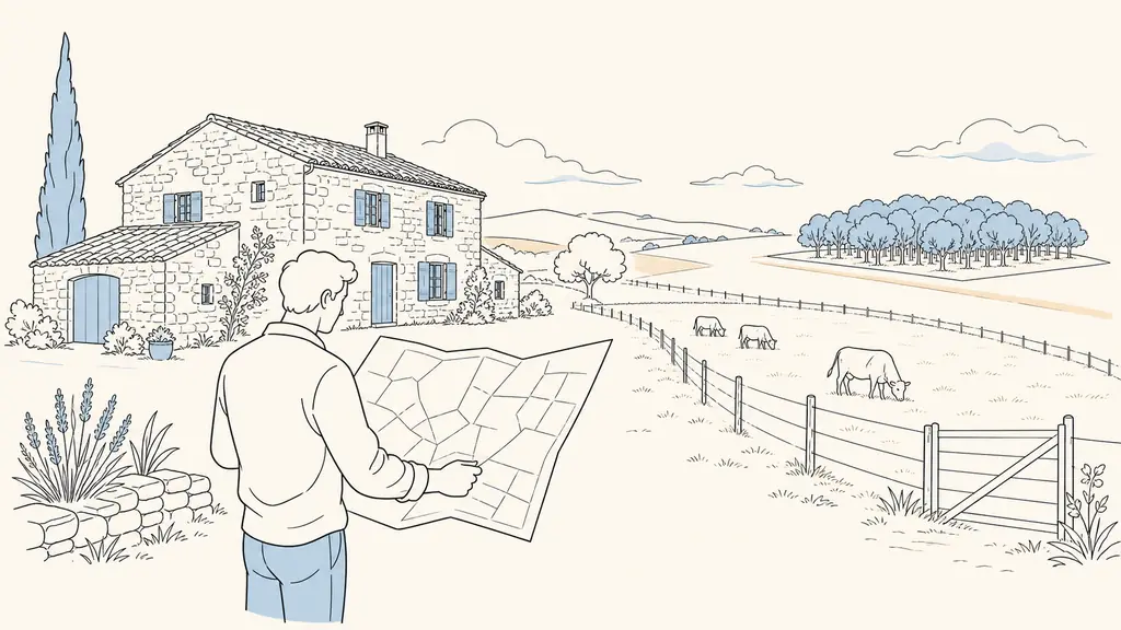 A prospective buyer examining a parcel map beside a stone Gers farmhouse, with an adjoining fenced pasture and separate wooded plot visible in the background, editorial photography, no text, no logo