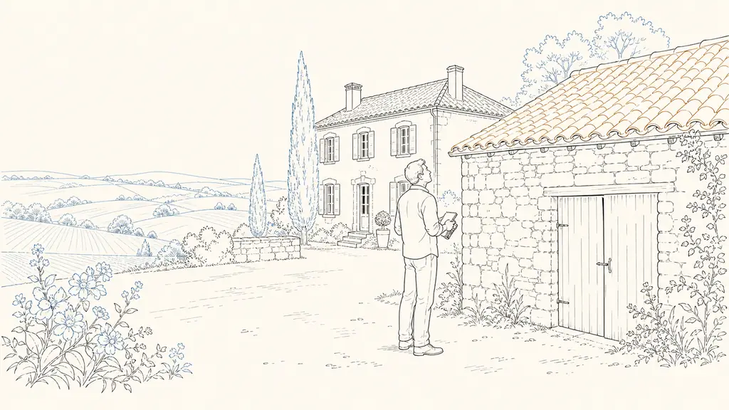 A buyer inspecting the tiled roof of an old stone barn beside a Gers country house, with a courtyard and neighboring fields forming the distant view, editorial photography, no text, no logo